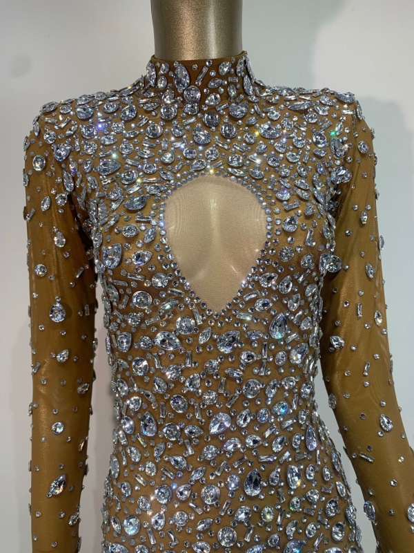 SWTAO Haljina za pozornicu: Sexy mrežasta prozirna haljina sa kristalima, duga večernja haljina, Spandex 60% glavni materijal, podstava 100%, proljeće 2024