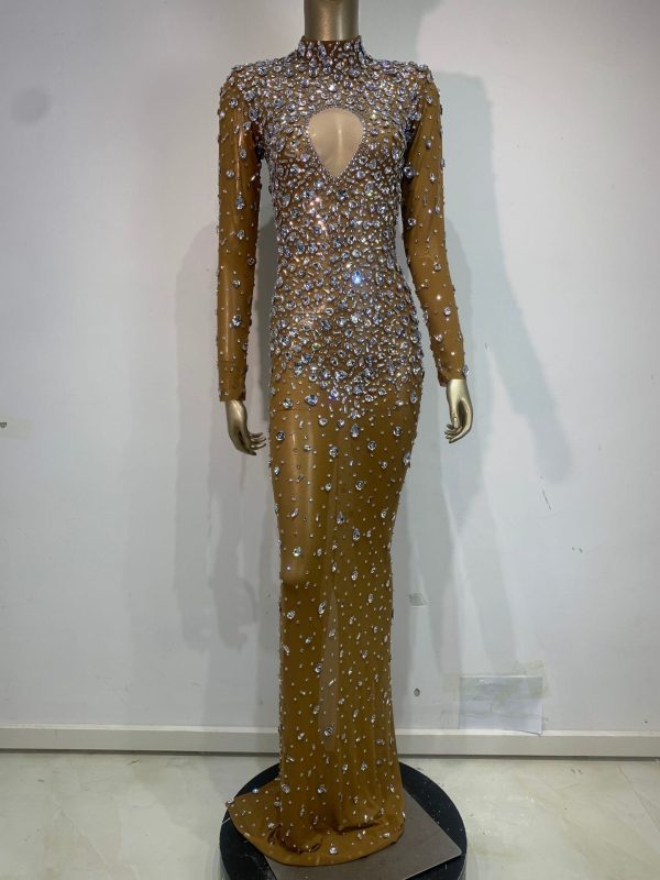 SWTAO Haljina za pozornicu: Sexy mrežasta prozirna haljina sa kristalima, duga večernja haljina, Spandex 60% glavni materijal, podstava 100%, proljeće 2024