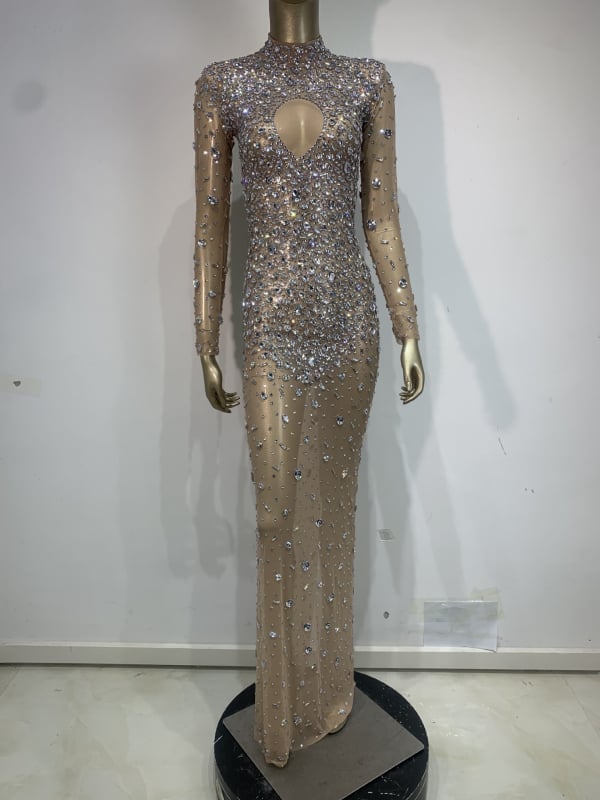 SWTAO Haljina za pozornicu: Sexy mrežasta prozirna haljina sa kristalima, duga večernja haljina, Spandex 60% glavni materijal, podstava 100%, proljeće 2024