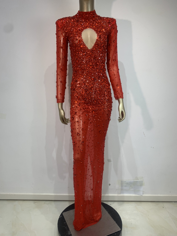 SWTAO Haljina za pozornicu: Sexy mrežasta prozirna haljina sa kristalima, duga večernja haljina, Spandex 60% glavni materijal, podstava 100%, proljeće 2024