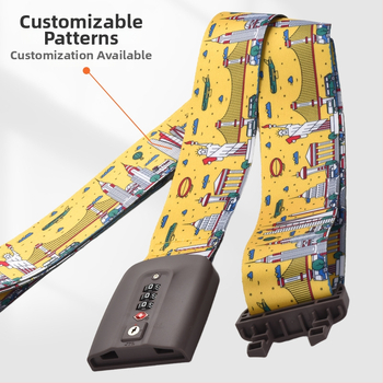 Bőrönd megerősítő pánt nyomtatással; Anyag: nylon/poliészter/polipropilén; Modell: One-Word/Cross; Zár típus: Customs Lock TSA súlyával; Nyomtatási folyamat: szitnyomás, hőátvitel, Jacquard