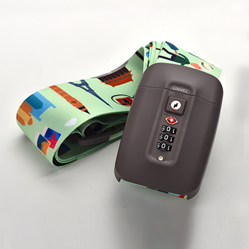 Bőrönd megerősítő pánt nyomtatással; Anyag: nylon/poliészter/polipropilén; Modell: One-Word/Cross; Zár típus: Customs Lock TSA súlyával; Nyomtatási folyamat: szitnyomás, hőátvitel, Jacquard