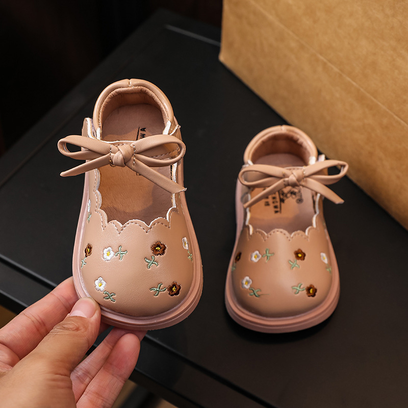 Kožne cipele za bebe djevojčice od sintetičke kože – mekana potplata, antislip, zatvaranje Velcro, izvezen motiv princeze, niski gornji dio, za proljeće/jesen