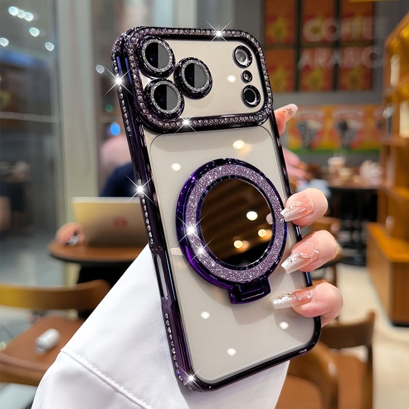 Silikonska maska za iPhone 17 Pro Max sa blistavim ogledalom, magnetskim držačem, cirkon kamenčićima i luksuznom zaštitom
