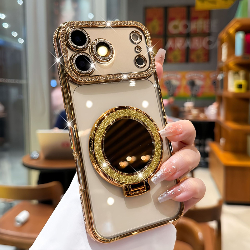 Silikonska maska za iPhone 17 Pro Max sa blistavim ogledalom, magnetskim držačem, cirkon kamenčićima i luksuznom zaštitom