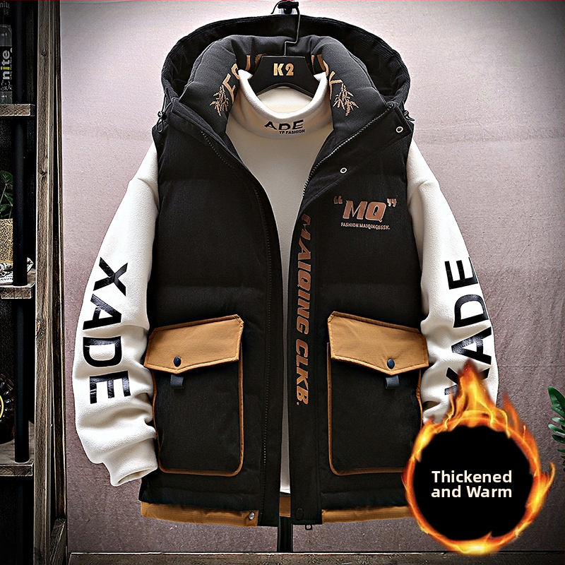 Mládežnícka kapucňová zimná vesta s zipsom, voľný strih, geometrický vzor, hlavný materiál: králičia kožušina