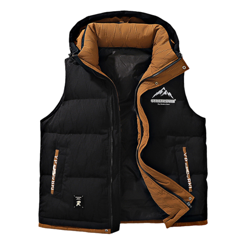 Fiatalos kapucnis mellény téli viselet, cipzárral, laza szabás, geometriai minta