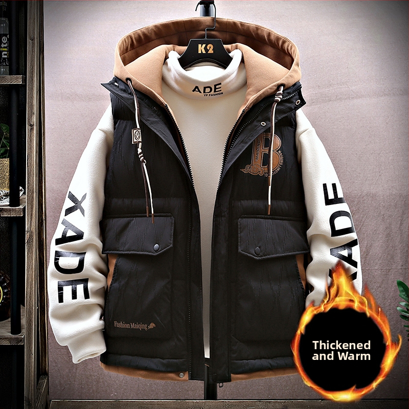 Fiatalos kapucnis mellény téli viselet, cipzárral, laza szabás, geometriai minta