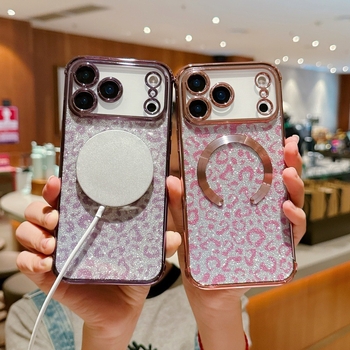 Husă pentru iPhone 17 Pro Max, imprimeu leopard sclipitor, TPU electroplatat, cu prindere magnetică și protecție anti-cădere