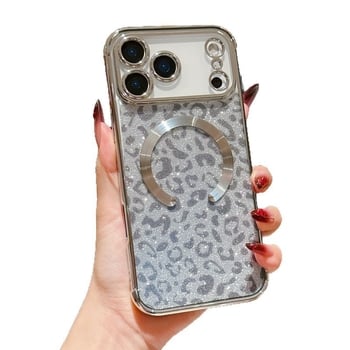Husă pentru iPhone 17 Pro Max, imprimeu leopard sclipitor, TPU electroplatat, cu prindere magnetică și protecție anti-cădere