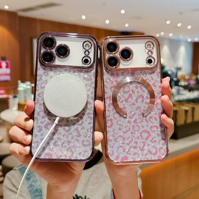 Husă pentru iPhone 17 Pro Max, imprimeu leopard sclipitor, TPU electroplatat, cu prindere magnetică și protecție anti-cădere