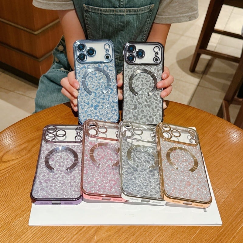Husă pentru iPhone 17 Pro Max, imprimeu leopard sclipitor, TPU electroplatat, cu prindere magnetică și protecție anti-cădere