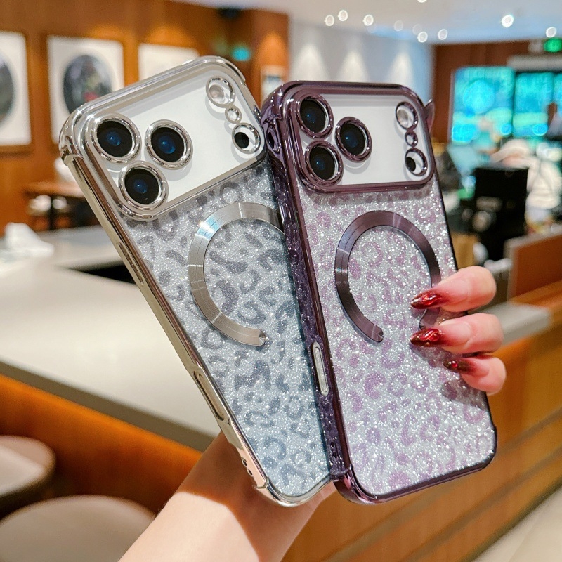 Husă pentru iPhone 17 Pro Max, imprimeu leopard sclipitor, TPU electroplatat, cu prindere magnetică și protecție anti-cădere