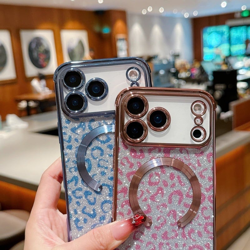 Husă pentru iPhone 17 Pro Max, imprimeu leopard sclipitor, TPU electroplatat, cu prindere magnetică și protecție anti-cădere