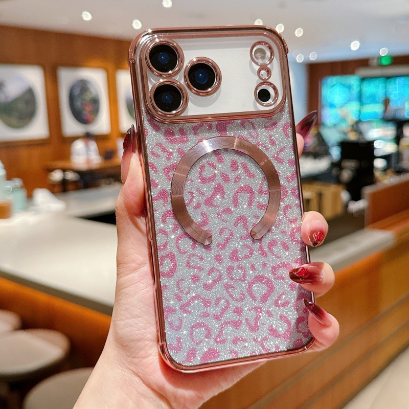 Husă pentru iPhone 17 Pro Max, imprimeu leopard sclipitor, TPU electroplatat, cu prindere magnetică și protecție anti-cădere
