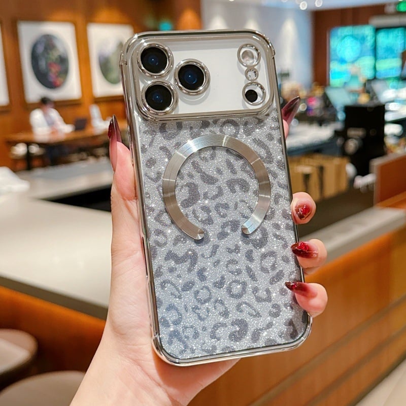 Husă pentru iPhone 17 Pro Max, imprimeu leopard sclipitor, TPU electroplatat, cu prindere magnetică și protecție anti-cădere