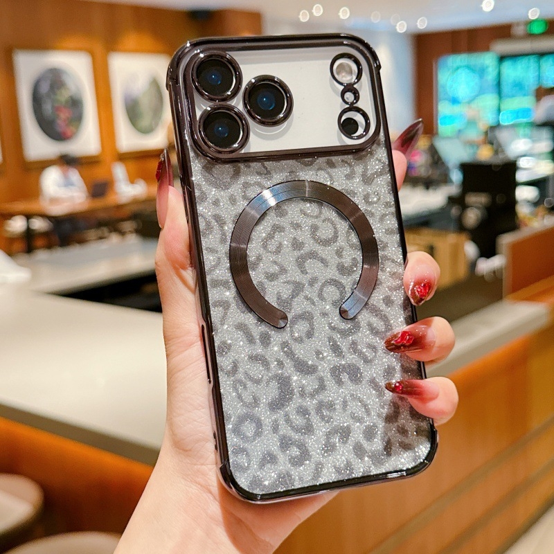 Husă pentru iPhone 17 Pro Max, imprimeu leopard sclipitor, TPU electroplatat, cu prindere magnetică și protecție anti-cădere