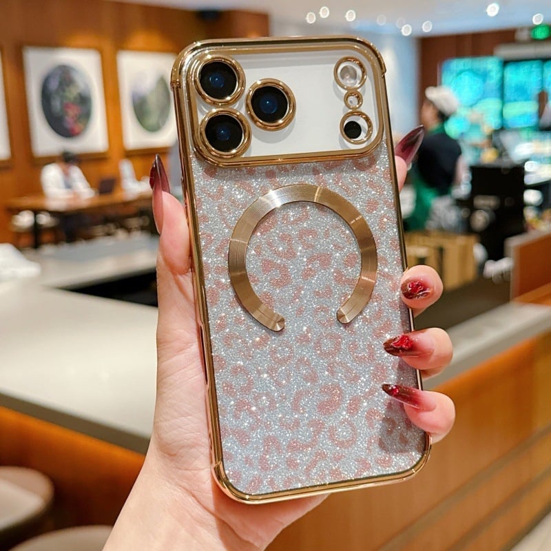 Husă pentru iPhone 17 Pro Max, imprimeu leopard sclipitor, TPU electroplatat, cu prindere magnetică și protecție anti-cădere