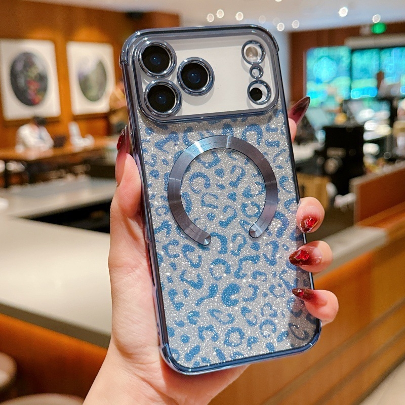 Husă pentru iPhone 17 Pro Max, imprimeu leopard sclipitor, TPU electroplatat, cu prindere magnetică și protecție anti-cădere