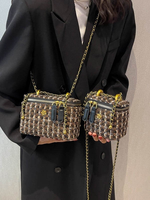 Torba u Chanel stilu, tkanina umjetničke izrade, kvadratna crossbody torba sa zatvaračem, podstava od poliestera, unutarnji džep sa zatvaračem i džep za telefon
