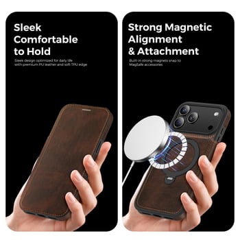 Kožna flip futrola od umjetne kože za iPhone 17 Pro/Max s rotirajućim postoljem i magnetskim držačem kartica, kompatibilna s iPhone 16 Pro Max