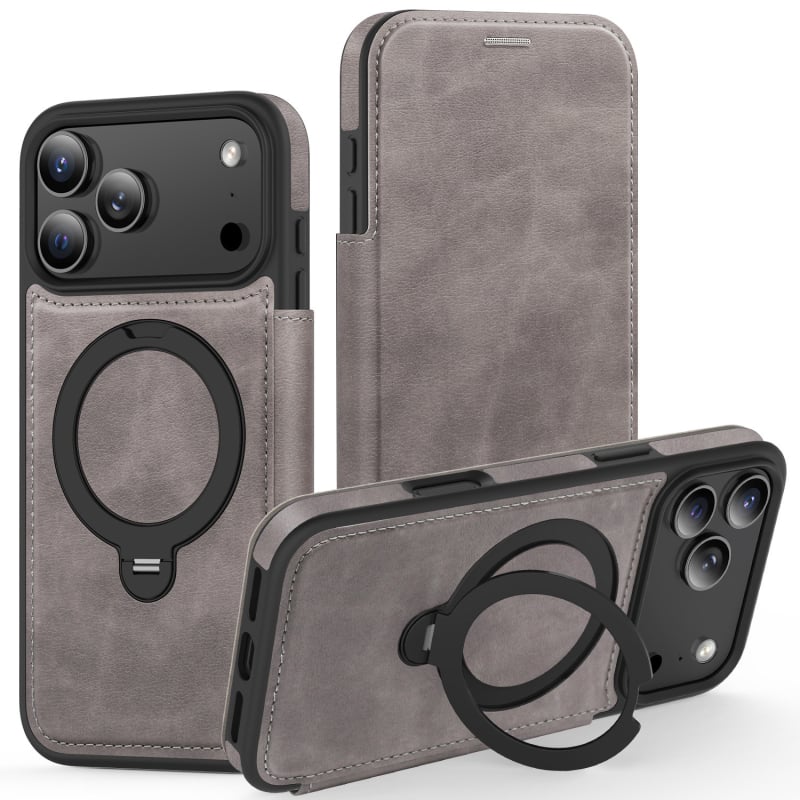 Kožna flip futrola od umjetne kože za iPhone 17 Pro/Max s rotirajućim postoljem i magnetskim držačem kartica, kompatibilna s iPhone 16 Pro Max