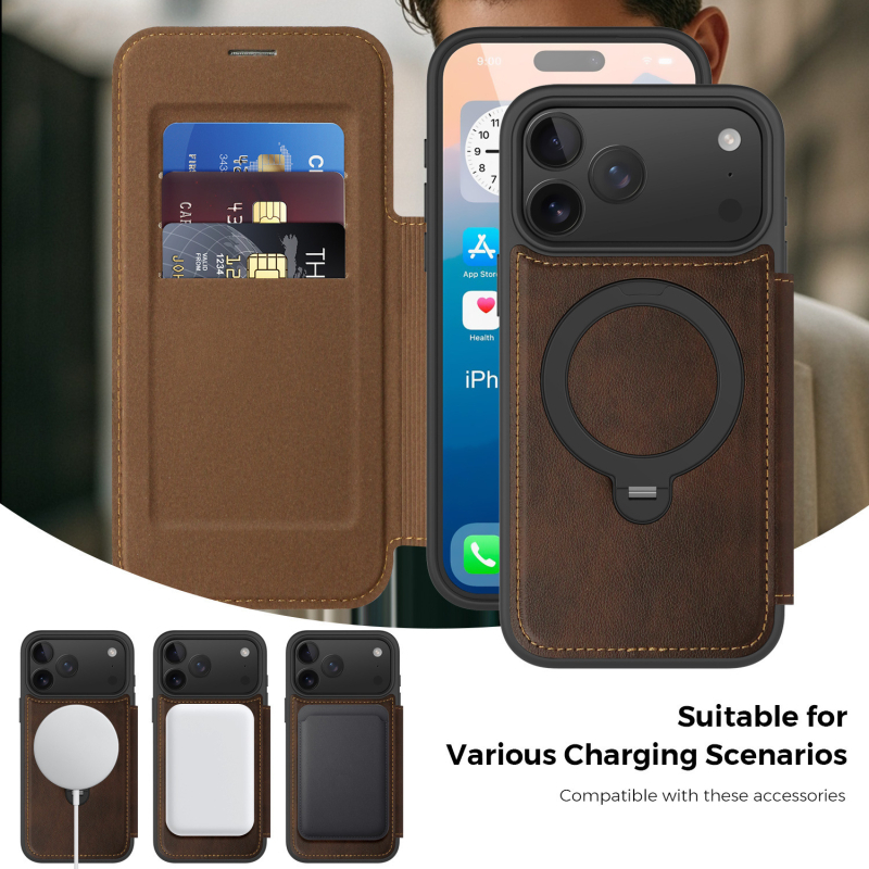 Kožna flip futrola od umjetne kože za iPhone 17 Pro/Max s rotirajućim postoljem i magnetskim držačem kartica, kompatibilna s iPhone 16 Pro Max