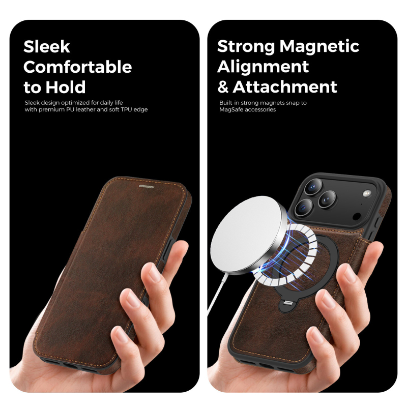 Kožna flip futrola od umjetne kože za iPhone 17 Pro/Max s rotirajućim postoljem i magnetskim držačem kartica, kompatibilna s iPhone 16 Pro Max