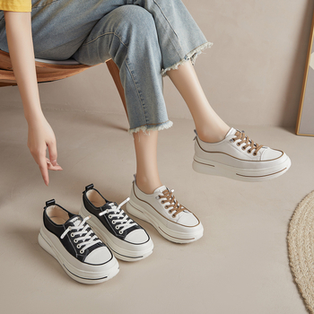 Adidași pentru femei din piele de primul strat, vârf rotund, glezna joasă, închidere cu bandă elastică, platformă groasă cu talpă din spumă