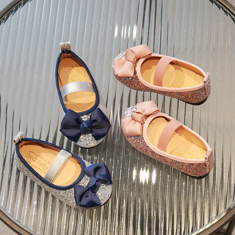 Lányoknak szóló hercegnő cipő leopard mintával és csillogó paillettes díszítéssel, masni, alacsony kivágás, légáteresztő, puha talp