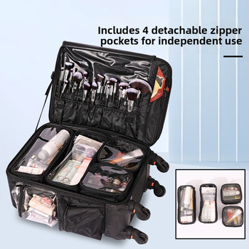 Sminktáska dupla rétegű rekeszével, Oxford anyag, univerzális kerekek, teleszkópos fogantyú, cipzáras záródás