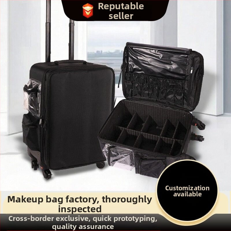 Sminktáska dupla rétegű rekeszével, Oxford anyag, univerzális kerekek, teleszkópos fogantyú, cipzáras záródás