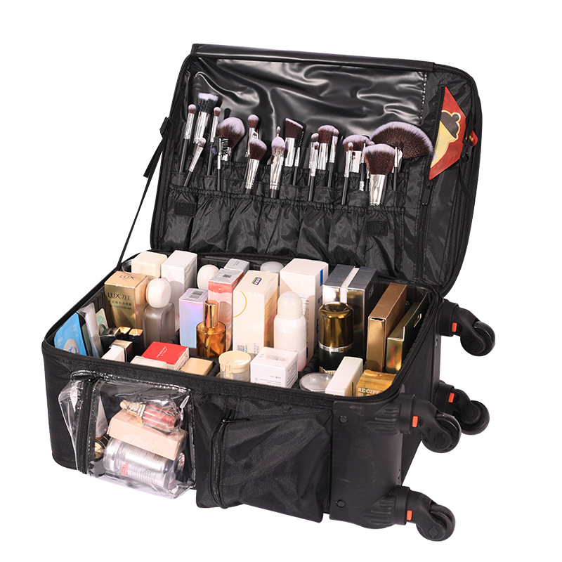 Sminktáska dupla rétegű rekeszével, Oxford anyag, univerzális kerekek, teleszkópos fogantyú, cipzáras záródás