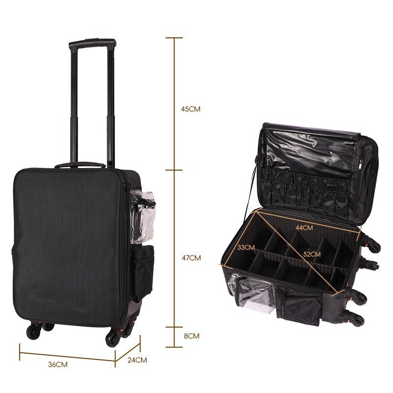 Sminktáska dupla rétegű rekeszével, Oxford anyag, univerzális kerekek, teleszkópos fogantyú, cipzáras záródás