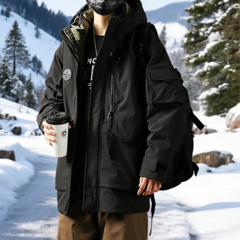 Ανδρικό μπουφάν με γέμισμα από πάπια 90%+, μεσαίο-μακρύ μήκος, κουκούλα, παχυνόμενο, χειμώνας, στυλ στρατιωτικό/βασικό, 550 πλήρωσης, αντοχή στη φθορά, από -20°C έως -5°C