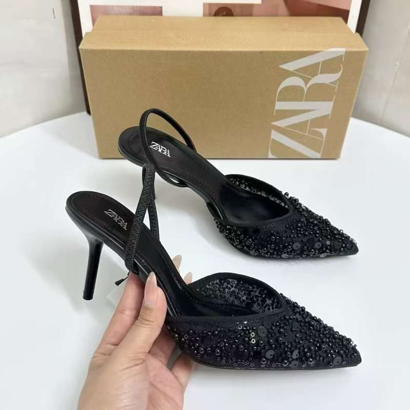 ZA Mule s otvorenim petom — Oštar vrh, Gornji materijal: Super Fiber, Visina pete 6–8 cm, Unutarnji PU, Gumeni đon