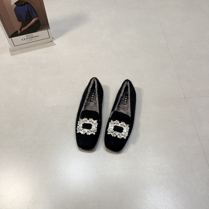 Ženske ploske cipele s kvadratnim nosom, plišasti gornji dio i podstava, slip-on, niski ravni potplat, gumena potplata