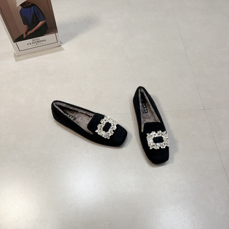 Ženske ploske cipele s kvadratnim nosom, plišasti gornji dio i podstava, slip-on, niski ravni potplat, gumena potplata