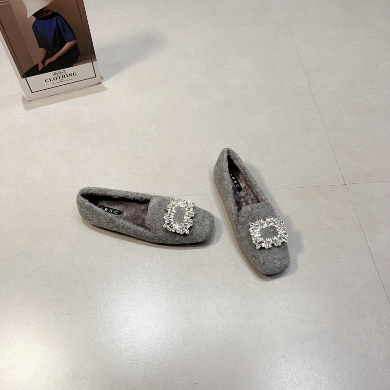 Ženske ploske cipele s kvadratnim nosom, plišasti gornji dio i podstava, slip-on, niski ravni potplat, gumena potplata