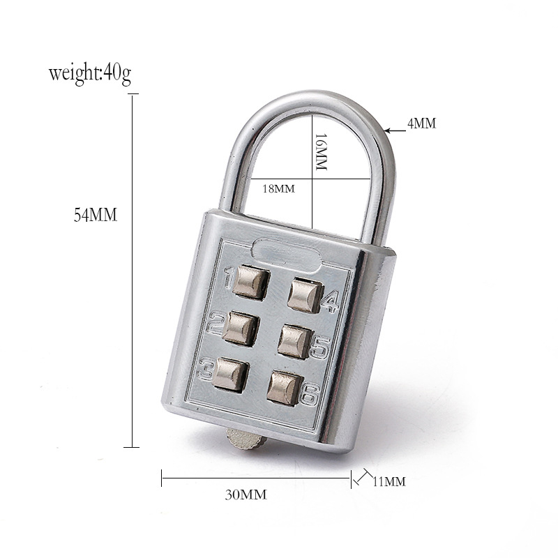 6 számjegyű jelszavas zár fiókokhoz és táskákhoz – lopás elleni zár, cinkötvözet lakkozott felülettel, 4 mm vastagságú rúd, 17 mm távolság a rúd között, modern gépészeti stílus