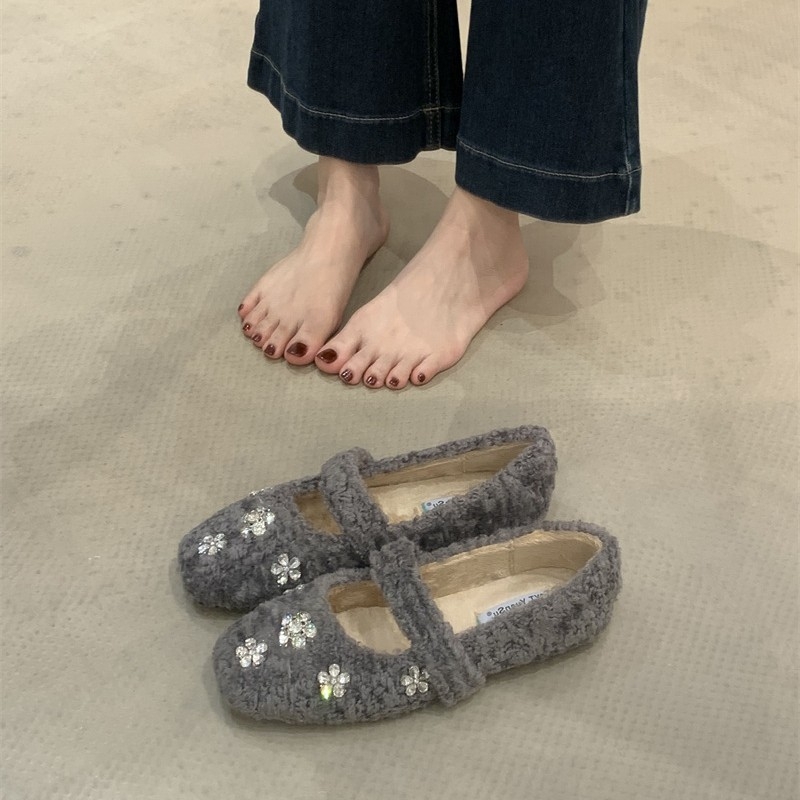 Ženske Mary Jane ravne cipele s kristalnom kopčom, podstavljena umjetnim plišom, četvrtasti nos, niski potpetica