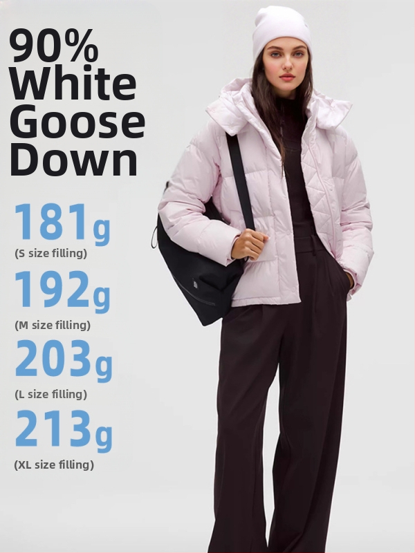 Пухено яке с гъши пух, съдържание на пух 86-90%, тясна кройка, сваляща се качулка