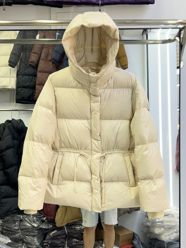 Пухено яке за зима, средна дължина, Slim-Fit, качулка с връзка за талия, пълнеж: бял гъши пух 51–55%