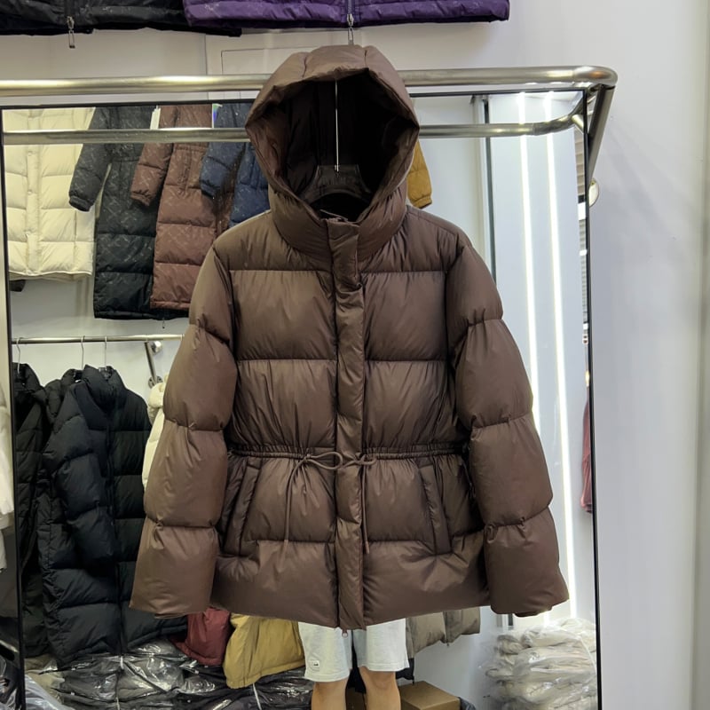 Пухено яке за зима, средна дължина, Slim-Fit, качулка с връзка за талия, пълнеж: бял гъши пух 51–55%