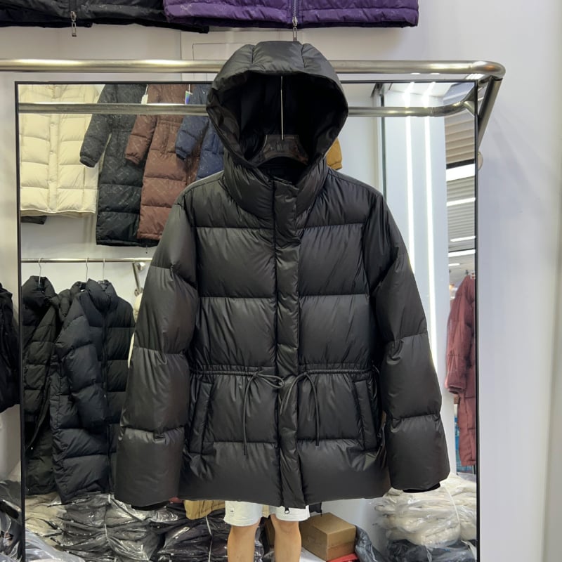 Пухено яке за зима, средна дължина, Slim-Fit, качулка с връзка за талия, пълнеж: бял гъши пух 51–55%