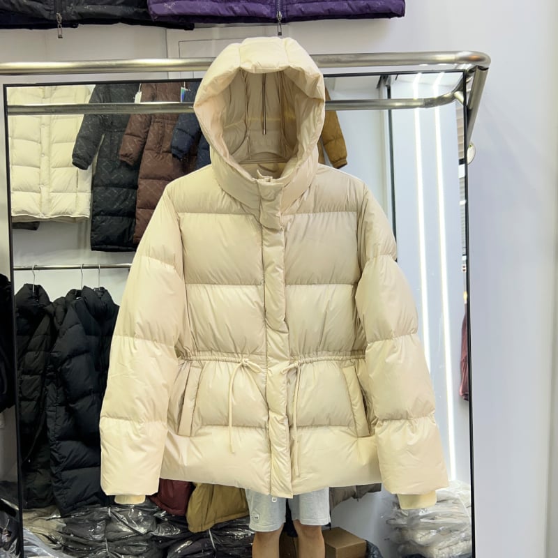 Пухено яке за зима, средна дължина, Slim-Fit, качулка с връзка за талия, пълнеж: бял гъши пух 51–55%