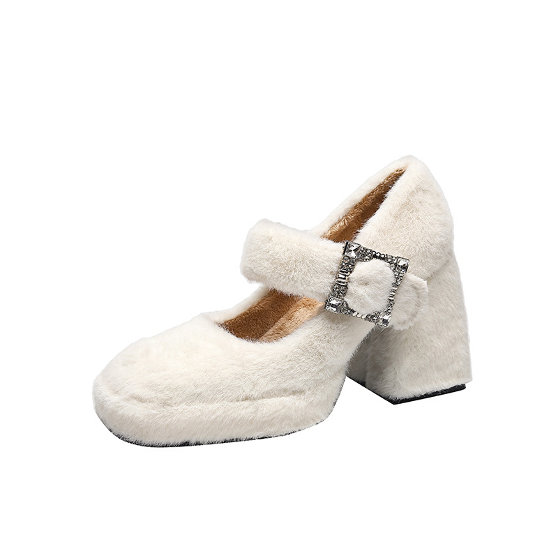 Mary Jane magassarkú cipő: négyzetes orr, velúr felsőrész, belső műanyag rövid plüss, szuper magas sarkú (>8 cm), vastag sarok