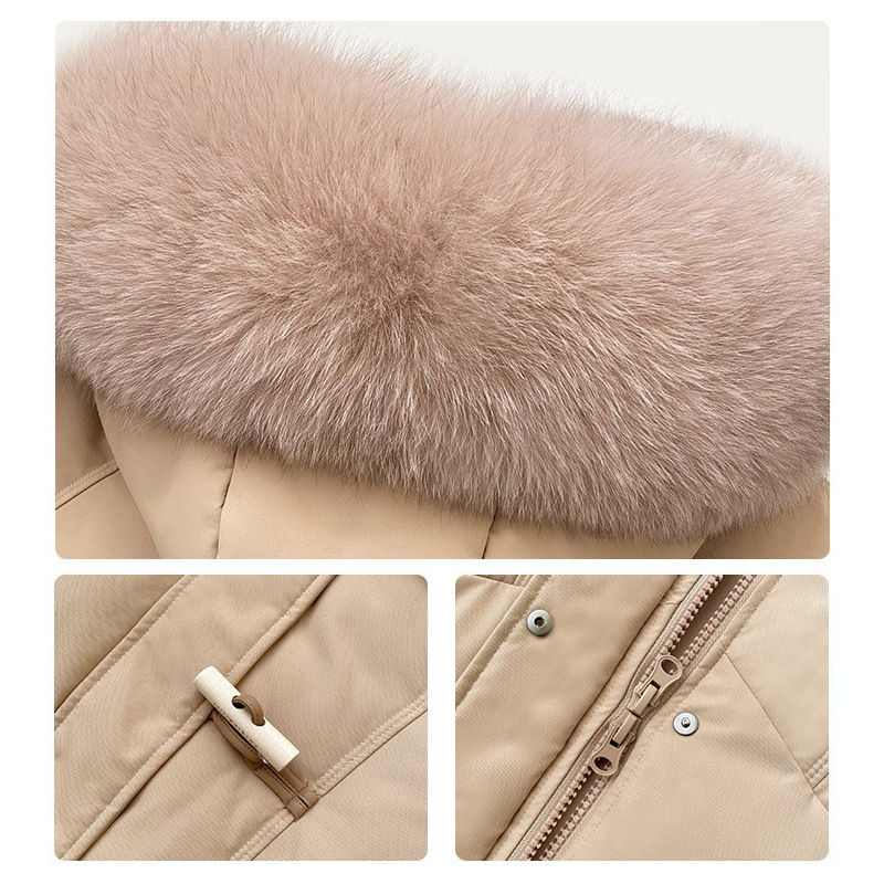 Дамско пухено яке с гъши пух, ацетатна тъкан, дебело, яка от лисича козина (сваляща се), пух 301–350 g