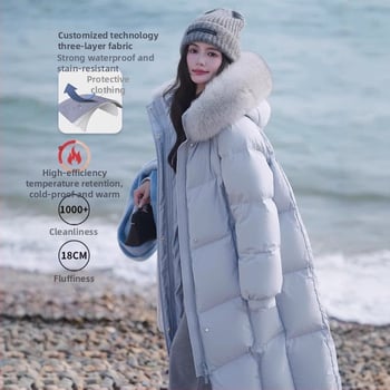 Дълго дамско пухено яке с качулка, дължина над 100 см, пух от бяла гъска 90%+, яка от лисица (сваляща се), цип, полиестер, корейски стил