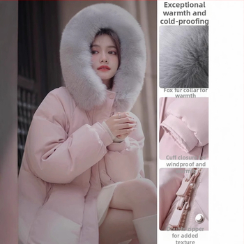 Дълго дамско пухено яке с качулка, дължина над 100 см, пух от бяла гъска 90%+, яка от лисица (сваляща се), цип, полиестер, корейски стил